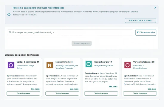 Tela de busca de empresas do LïnkAI com pesquisa, filtros e empresas sugeridas