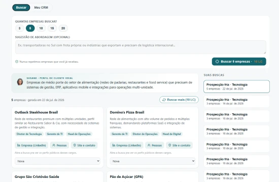Tela de prospecção fria do LïnkAI com busca, empresas sugeridas e histórico