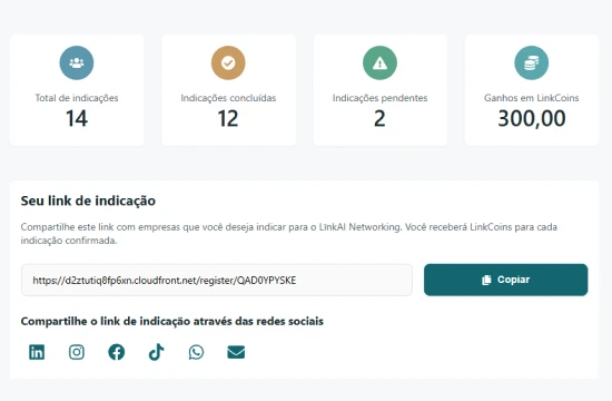 Painel de indicações do LïnkAI com resultados e link de compartilhamento