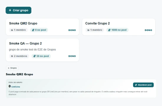 Tela de grupos do LïnkAI com comunidades, membros e saldo do pool